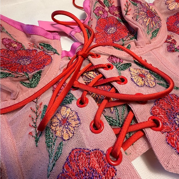 For Love & Lemons Floral Embroidered Corset Bra with Red Lace-Up - Picture 2 of 7